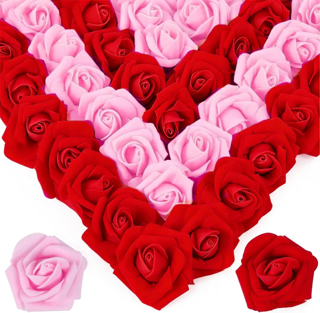 100Pcs Real Looking Red Pink Ombre Artificial Rose Flower Heads, Foam Fake Roses for DIY Wedding Decorations Baby Shower Centerpieces Home Party Valentine's Day Mother's Day Decor