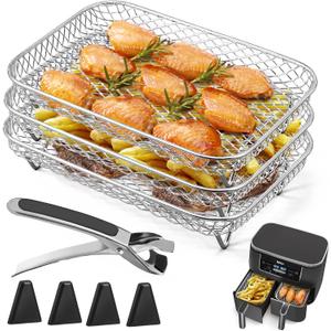 Ninja Dual Air Fryer Rack - 3pcs Layered Dehydrator Racks with Stainless Steel Grilling Rack and Rectangle Air Fryer Basket Tray with Clip and Heighten Feet Pad