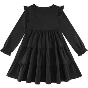 Vieille Toddler Girls Cotton Dress Long Sleeve Ruffle Dress Kids Solid Casual Clothes for 2-8 Years (5-6 Years, Black)