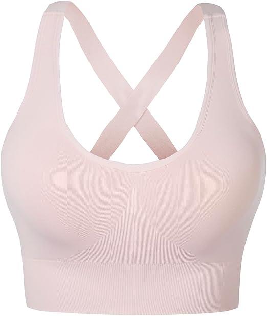 Nabawa Sports Bra for Women Unpadded Medium Support Criss Cross Back Strappy Sports Bras Seamless High Impact Yoga Workout Bra Gym Activewear Top, Pink ,Medium