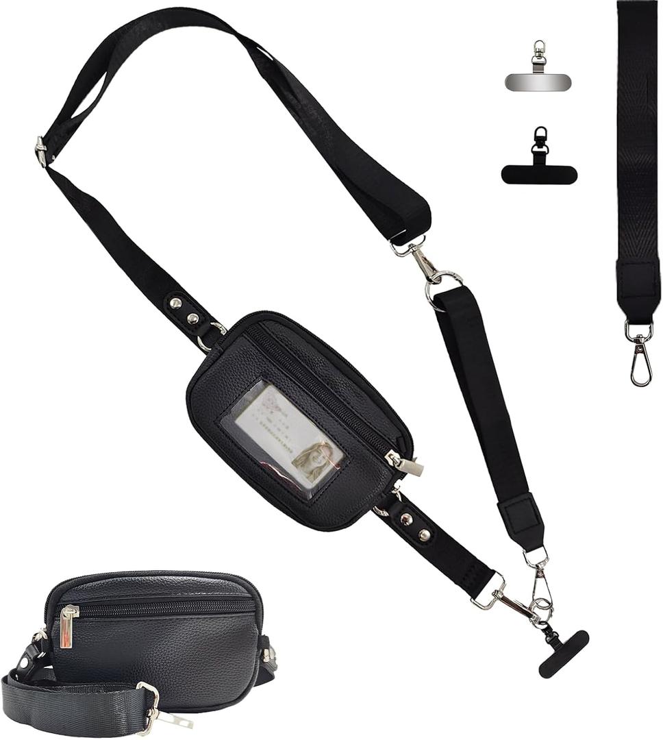 XC-Kluyr Clip & Go Strap for Phone with Wallet Crossbody Detachable Zippered Pouch & Phone Lanyard, RFID ID Window & Card Slots (Black Pu)