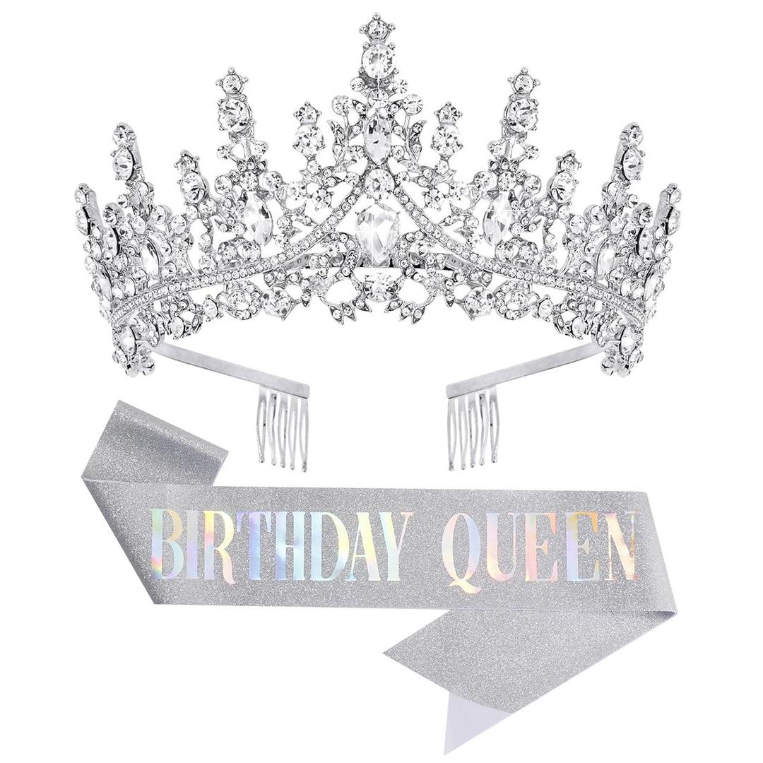 Birthday Tiara Crown with Sash for Women, Headband Hair Accessories for Wedding Party Costume Silver