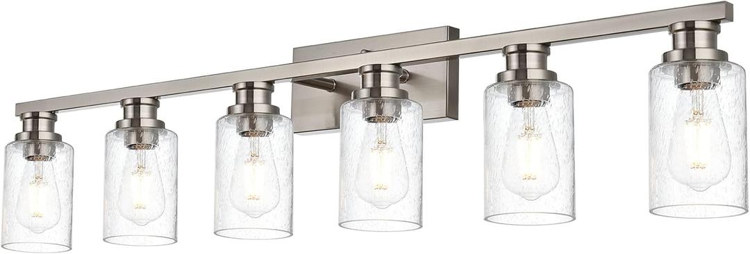 Bathroom Vanity Light Fixtures Over Mirror,6 Light Bathroom Wall Sconces Lighting with Metal Base and Seeded Glass Shade for Porch Workshop Dressing Table