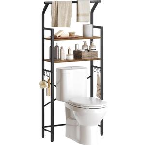 2-Tier Over The Toilet Storage, Multifunctional Vertical Over Toilet Bathroom Organizer, Freestanding Bathroom Storage Shelves with Hooks, Bathroom Organizer, Rustic Brown and Black TR01BR