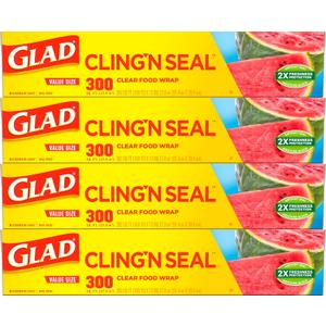Glad Cling N Seal Plastic Wrap for Food, Airtight Seal, 300 Square Foot Roll (Pack of 4)