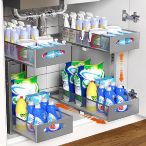 Housolution 2 Pack Under Sink Organizer, 2 Tier Metal Pull Out Under Sink Storage with Sliding Mesh Drawers, Height Adjustable Slide Out Under Sink Organizer for Kitchen Bathroom Cabinet, Gray (2 Pack, Medium-8.85in Wide)