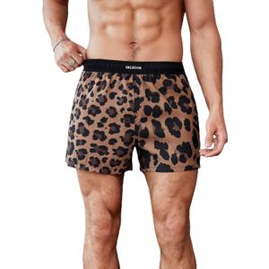 WDIRARA Men's Drawstring Waist Swim Trunks Striped Print Pocket Shorts (Medium, A Multicolored Brown Leopard)