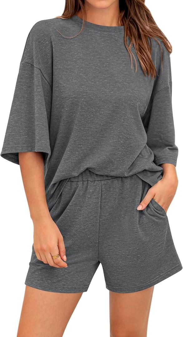 BTFBM Women Summer 2 Piece Outfits 2025 Spring Matching Set Short Sleeve Tops Elastic Waist Shorts Lounge Sets Pocket (Gray, S)