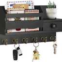 VIS'V Key Holder Wall Mount, Wooden Mail and Key Organizer with Drawer and Shelf, 2 Slots, 6 Hooks, Black