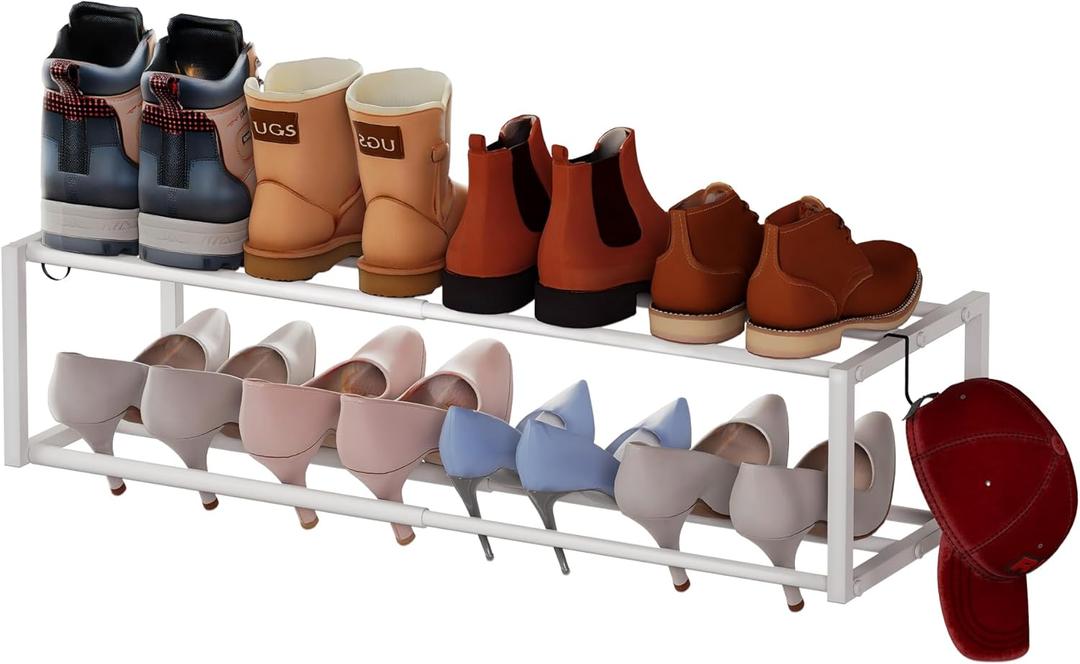 Expandable Wall Mounted Shoe Rack, 17"-31" Adjustable Hanging Shoe Rack Holds 8 Pairs, Heavy Duty Metal Shoe Holder with 2 Storage Hooks, Space Saving for Entryway Closet DoorwayWhite (1PACK)