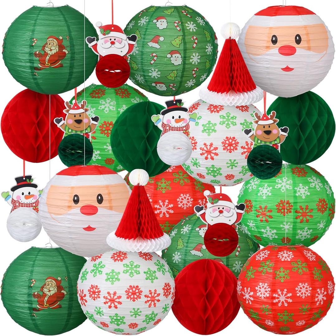 24 Pcs Christmas Hanging Paper Lanterns Party Decorations Red and Green Christmas Lanterns Garland Set Honeycomb Santa Hat 3D Snowman Reindeer Holiday Xmas Ornaments Home Winter Party Decor