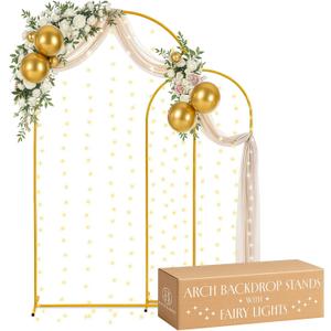 Gold Metal Arch Backdrop Stand for Wedding & Birthday Party Decorations, Foldable Balloon Arch Frame with Easy Assembly, Photo Booth Backdrop Dcor with Fairy Lights Options