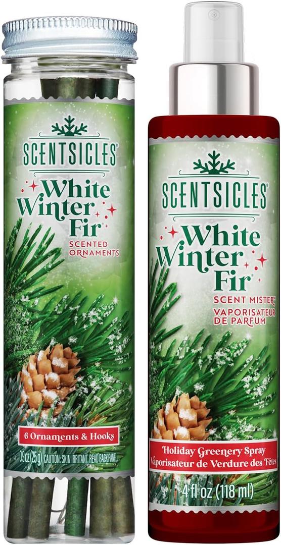 Scentsicles White Winter Fir Scented Christmas Tree Ornaments - 1 Bottle (6 Sticks Total) and 1 Bottle Scent Mister Spray (4 Oz) Multi Pack
