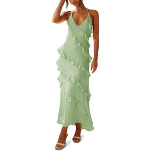 Wenrine Womens Sexy Chiffon Halter Maxi Dress Sleeveless Backless Ruffle Tassel Party Club Dresses, L