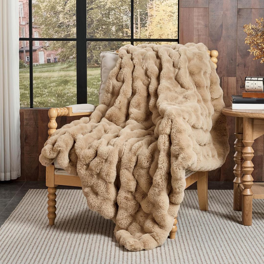 Lotus Karen King Size Faux Fur Blanket Khaki - Big Bubble Rabbit Fluff Blanket for Bed, Large Fluffy Fuzzy Cozy Blanket, Thick Furry Plush Shaggy Blankets, 108x90 Inches