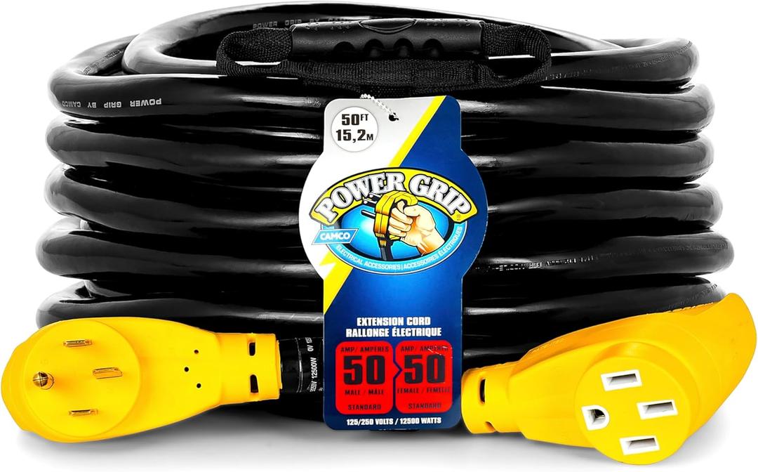 Camco Power Grip 50-Ft 50 Amp RV Extension Cord - Rated for 125/250 V/12,500 W - Features Copper 6/3 + 8/1-Gauge Wires for Superior Conductivity & Coated w/Heat-Resilient PVC (55199)