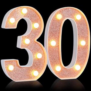 Treela 8.7'' Birthday Decorative LED Light up Numbers, Glitter Marquee Number Sign for Night Birthday Party Decorations Anniversary Bar LED Sign Backdrop Wall Table Centerpieces (30th,Rose Gold)