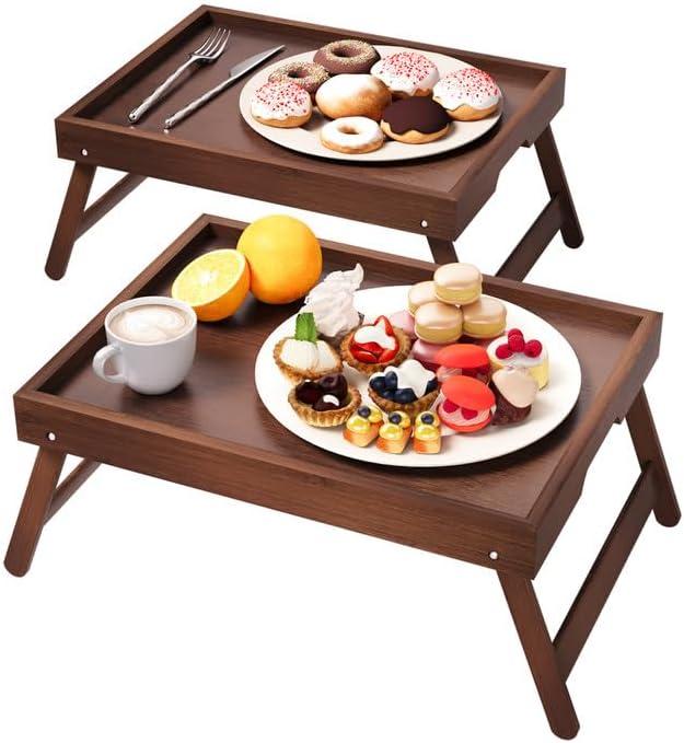 2 Pack Bamboo Bed Tray Table with Folding Legs,Breakfast Trays,Serving Tray for Food and Snack,Laptop Trays for Working(Brown)