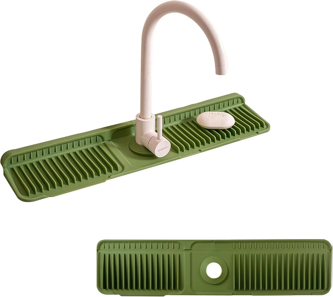 24" Silicone Sink Splash Guard - Kitchen Sink Accessories with Drip Tray, Sponge Holder & Soap Dish, 6 Slope Design for Easy Drainage, Foldable & Fasten Button for Secure Fit, Green (24" x 5.5")