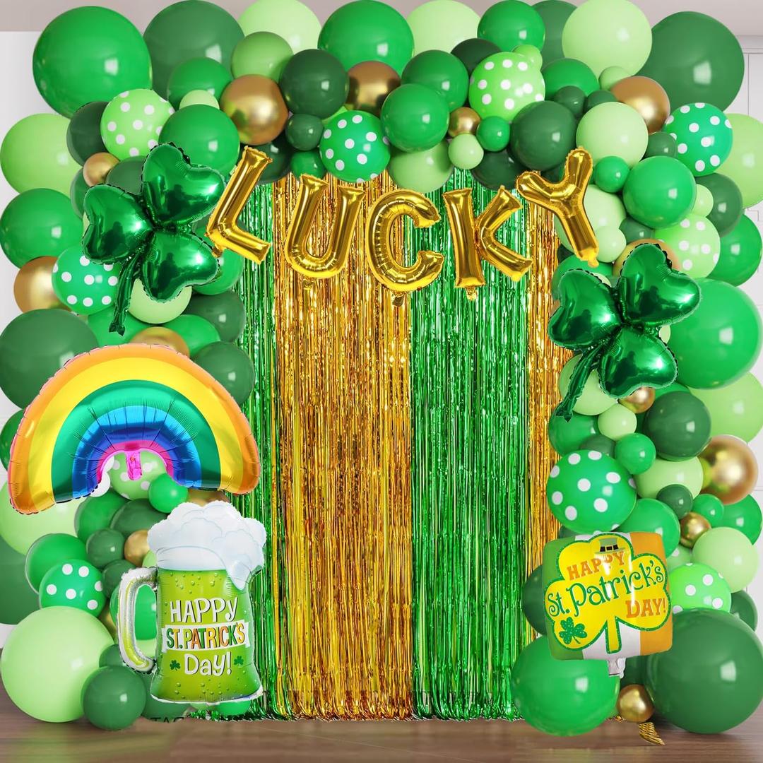 St. Patricks Day Balloon Garland Arch Kit 139 Pcs St Patricks Day Party Decorations Balloon Foil Fringe Curtains and Lucky Balloons for Baby Shower Birthday Party Supplies Irish Festival Party Decor