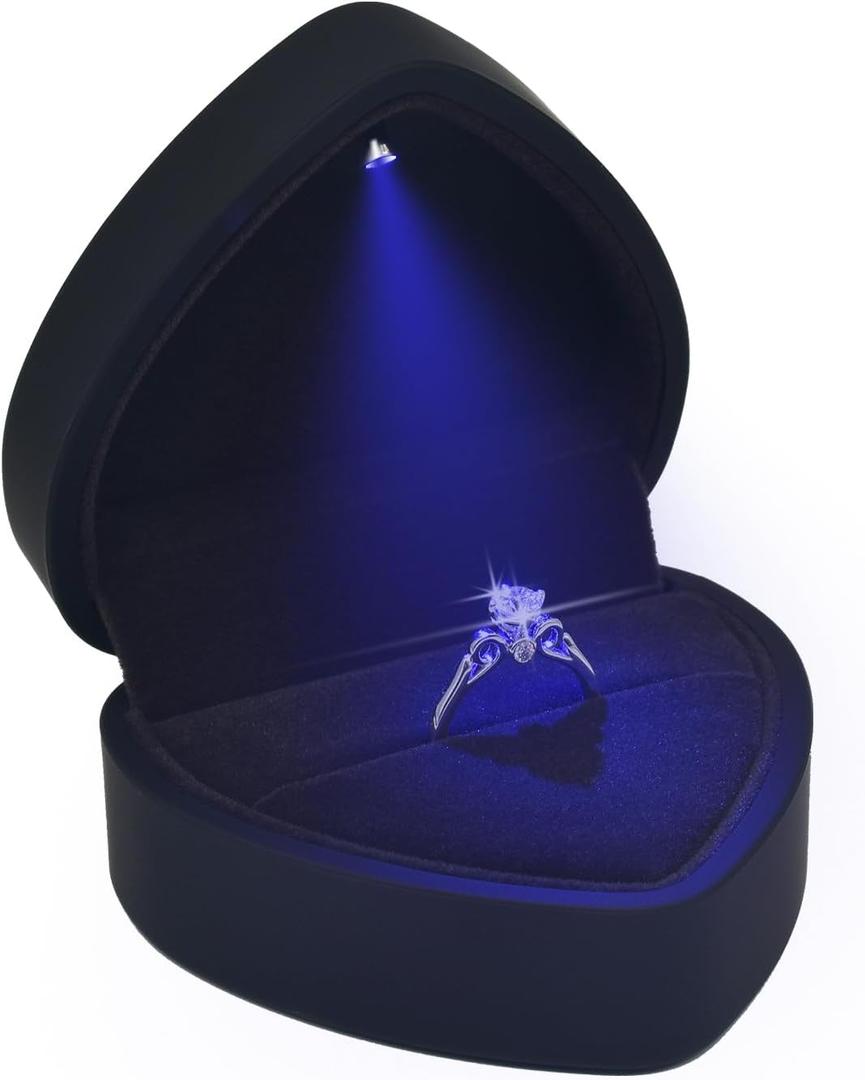 Luxury LED Lighted Engagement Ring Box - Heart Shaped Elegant Black Ring Case for Wedding Rings, Perfect for Proposal, Anniversary, Ceremony, and Gift Giving