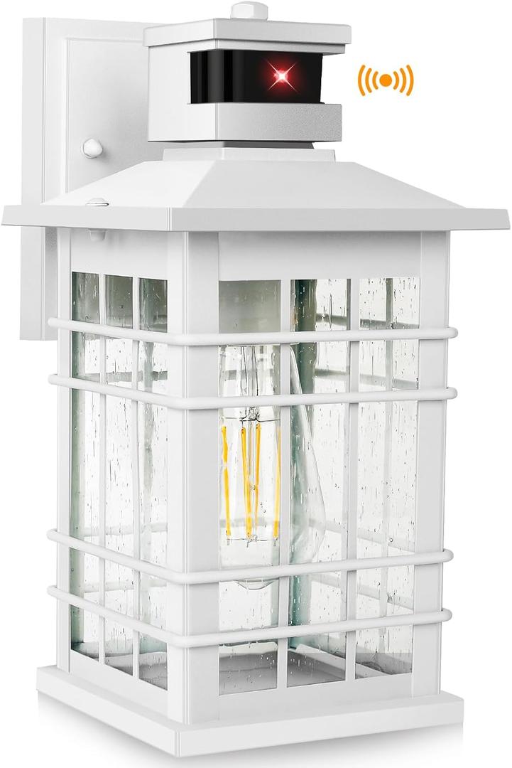 Motion Sensor Outside Wall Lantern Waterproof, White Dusk Dawn Outdoor Lighting Wall Mount with Tempered Glass, Modern Anti-Rust Motion Porch Light Fixture for Hallway Entryway Doorway (11.4 inch, White-without outlet(1-Pack))