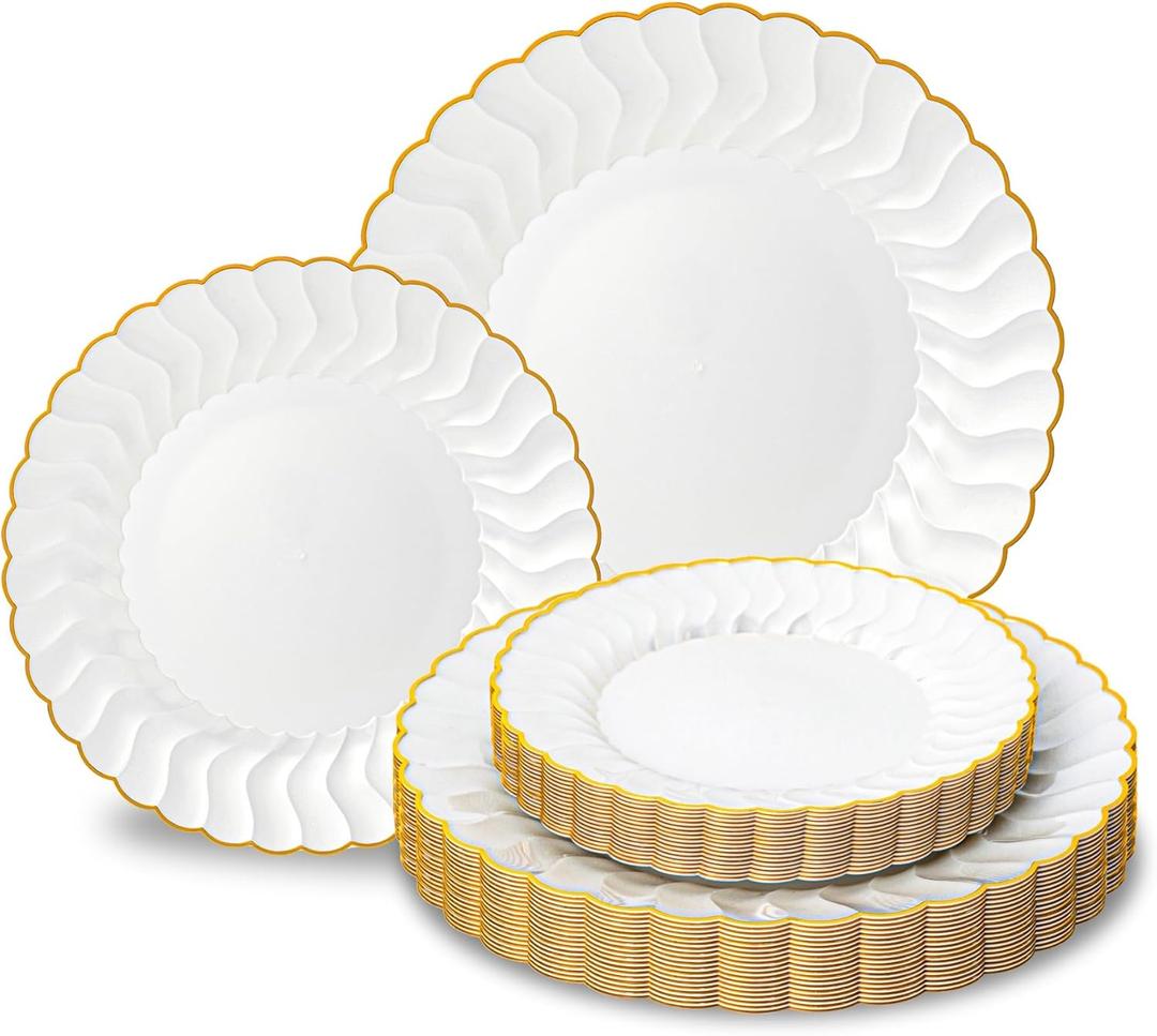 Lullaby 60PCS Pearl White Scalloped Plastic Plates with Gold Rim, Disposable Elegant Plates Include 30pcs Dinner Plate 10.25", 30pcs Dessert Plate 7.5", Perfect for Daily Use, Wedding and Party