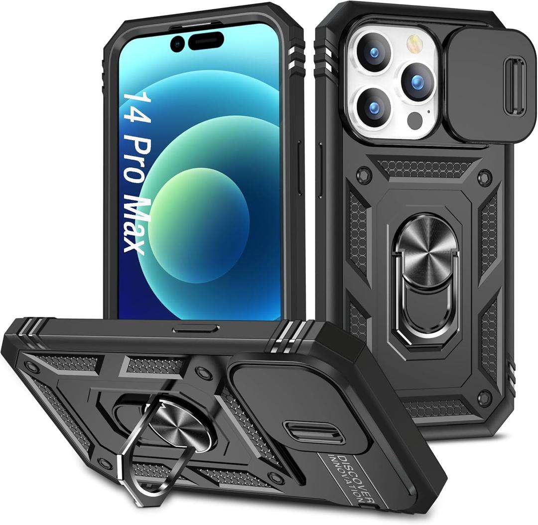 Case for iPhone 14 Pro Max, Shockproof Impact Resistant with Slide Lens Protective Cover Case for iPhone 14 Pro Max (6.7 inch) (Black)