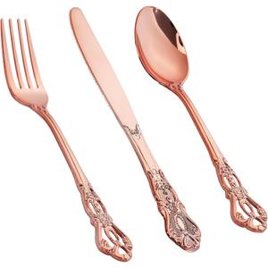 300PCS Rose Gold Plastic Silverware - Heavy Duty Elegant Disposable Utensils - Vintage Rose Gold Cutlery Set Includes 100 Forks, 100 Spoons, 100 Knives for Dinner Parties Weddings Mother's Day