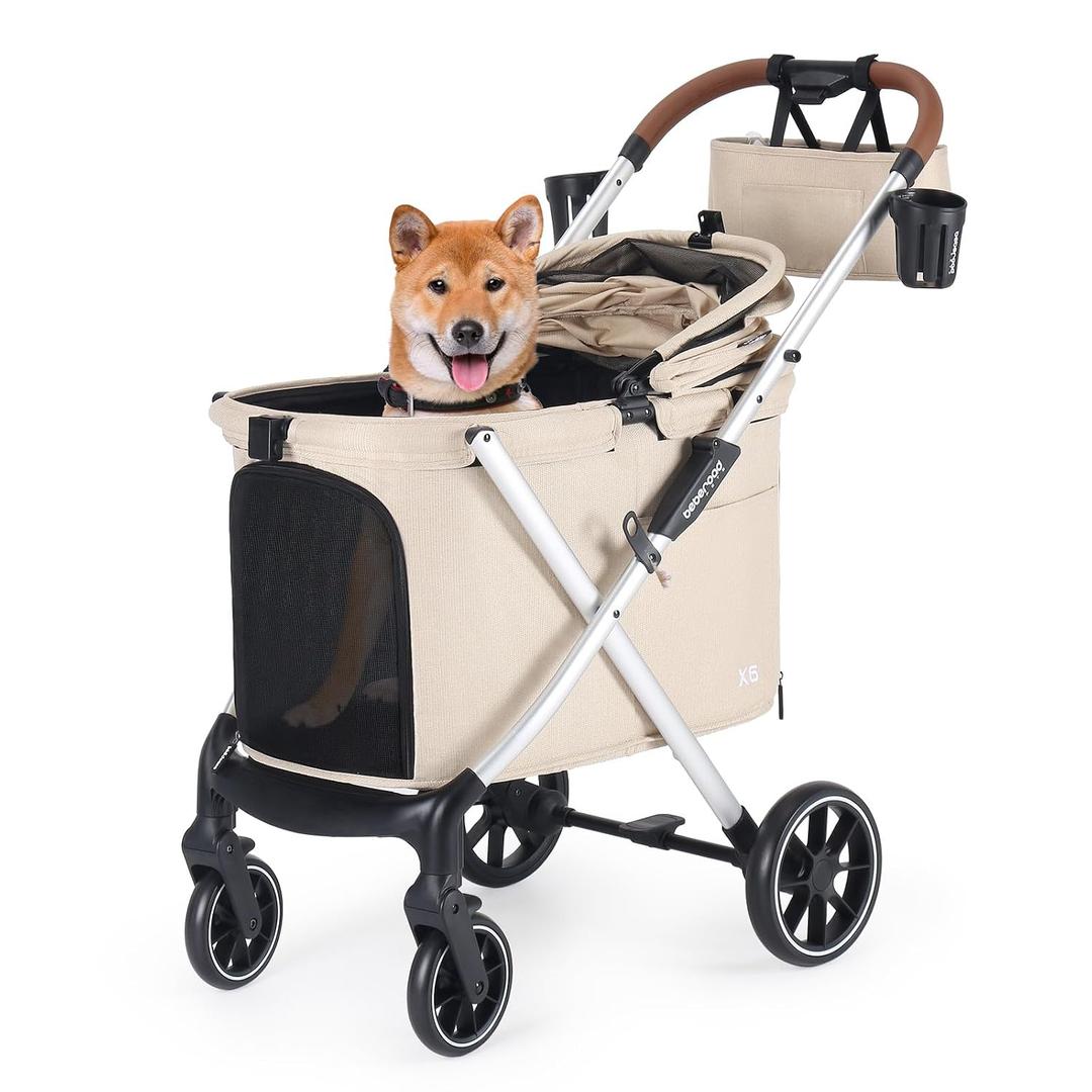 X6 Pet Stroller, Dual-Side Entry for Medium Large Dogs & Cats, 180 Detachable Canopy, All-Terrain Wheels, Shock Absorption, One-Hand Fold, Supports Up to 70 Lbs, Beige