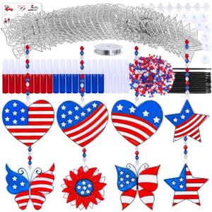 Winlyn 24 Sets Patriotic Suncatchers Ornaments Decorations DIY Window Paint Art Stickers Craft Kit USA Star Heart Sun Catchers for Kids Classroom 4th of July Activity Art Projects Party Favors