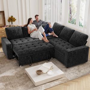 Vipbear Sectional Sleeper Sofa with Pull Out Bed, L Shaped 5 Seat Modular Sectional Sofa with USB Ports & Adjustable Backrest, Chenille Sectional Couches with Storage Seats for Living Room, Black