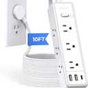 Surge Protector Power Strip 10 FT, Flat Extension Cord with 9 Widely Outlets 3 USB Ports(1 USB C), 1080J, Flat Plug, 3 Side Extension Cord with Multiple Outlets, Mounted, for Indoor Home Office, White