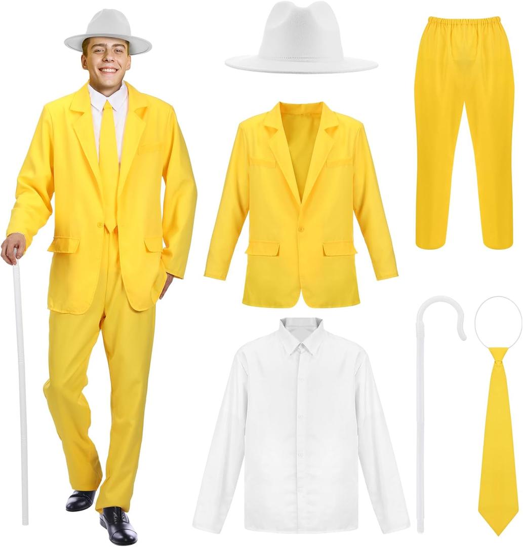 6 Pcs Halloween Sunny Costume for Man Yellow Suit Shirt Pants Tie Uniform Set for Halloween Outfit Cosplay Party