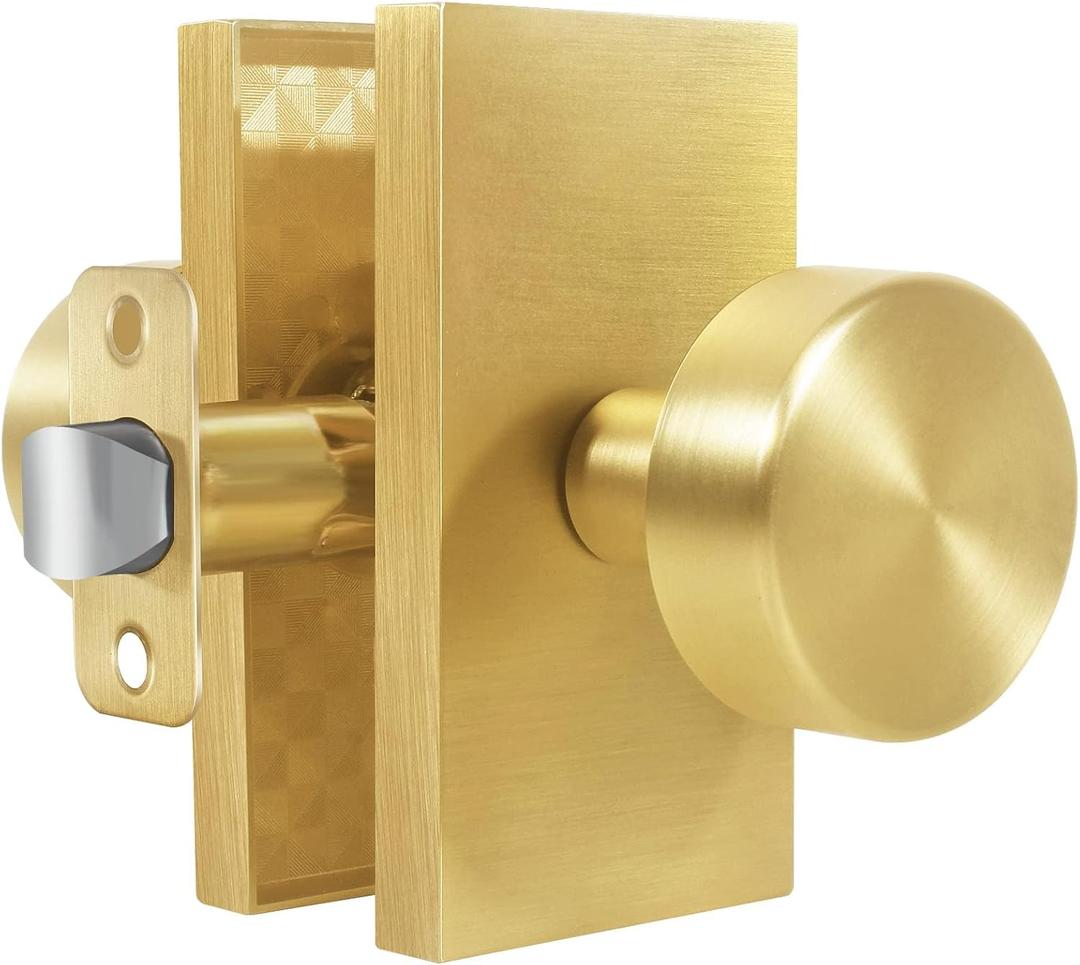 Satin Brass Zinc Alloy Passage Door Knob, Round Lever Handle with Rectangular Backplate, Hallway Closet Bedroom Bathroom Interior Hardware, Pack of 1