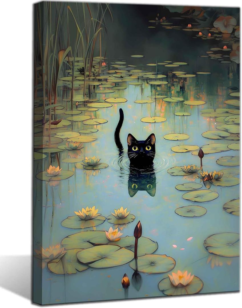 Water Lily Black Cat Canvas Wall Art Funny Lotus Black Cat Decor Pictures Retro Classic Impressionist Nature Painting Posters Prints for Home Decoration Bathroom Bedroom Living Room Decoration (10"L x 8"W)