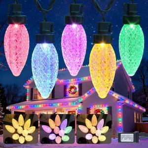 JMEXSUSS Jumbo C9 Christmas Lights Outdoor, 14.7ft 10LED RGB Christmas Lights, Multicolor to Warm White Color Changing Twinkle Light for Roof Eaves House Holiday Outside Decorations