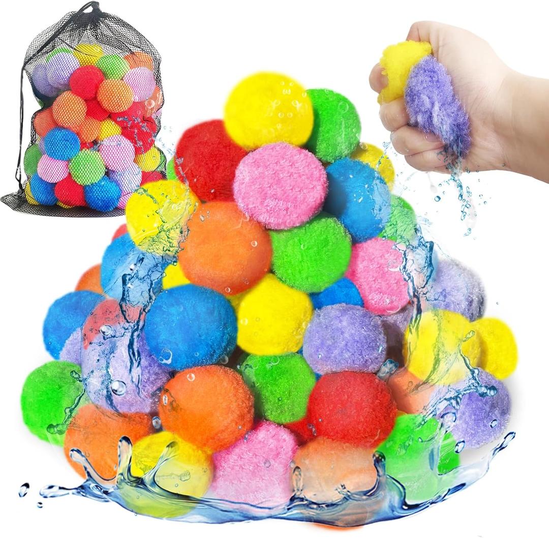 Jnnzzggu 100PCS Reusable Water Balls,Outdoor Water Balloons for Kids,Water Games Toys Sponge Soaker Ball for Boys,Girls,Summer Backyard,Pool Party,Fun Lawn,Beach(7 Colors)