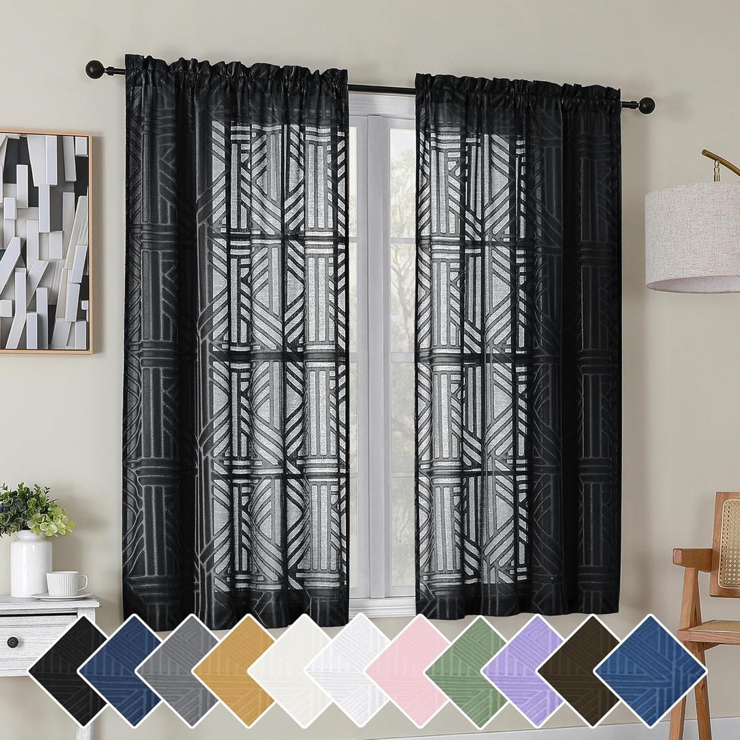Simplebrand Black Semi Sheer Curtains 45 Inch Length 2 Panels, Geometric Jacquard Clip Textured Short Sheer Curtains for BedroomModern Elegant Window Curtains Drapes/Treatment Sheer42x45 inch