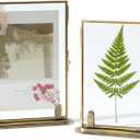 2 Pack Brass Floating Frame Vintage Gold Tabletop Frames for Picture 5 x 7 and 4 x 6, Double Glass Pressed Flower Frame Decor for Wedding Home Office