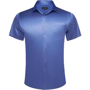 DiBanGu Mens Dress Shirts,Casual Solid Short Sleeve Shirt Regular Fit Summer Button Down Shirts with Pocket (XX-Large, Steel Blue)