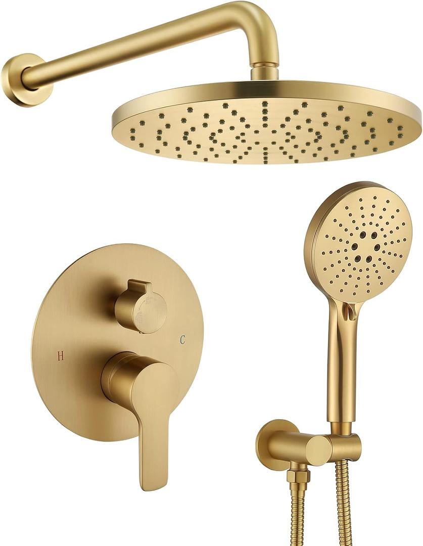 Brushed Gold Shower Head with Handheld,Rain Shower System Faucet Set
Bathroom Wall Mounted Shower Set,10 Inch Rain Shower Head,3-Setting Handheld,Shower Trim Kit,Pressure Balance Valve Cartridge