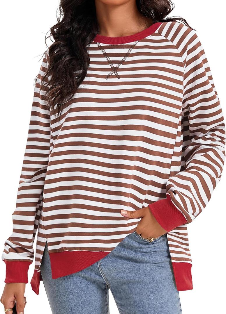Womens Striped Color Block Sweatshirt Oversized Side Slit Crew Neck Loose Shirts Long Sleeve Pullover Tops 2025 Trendy (X-Large, Coffee White)