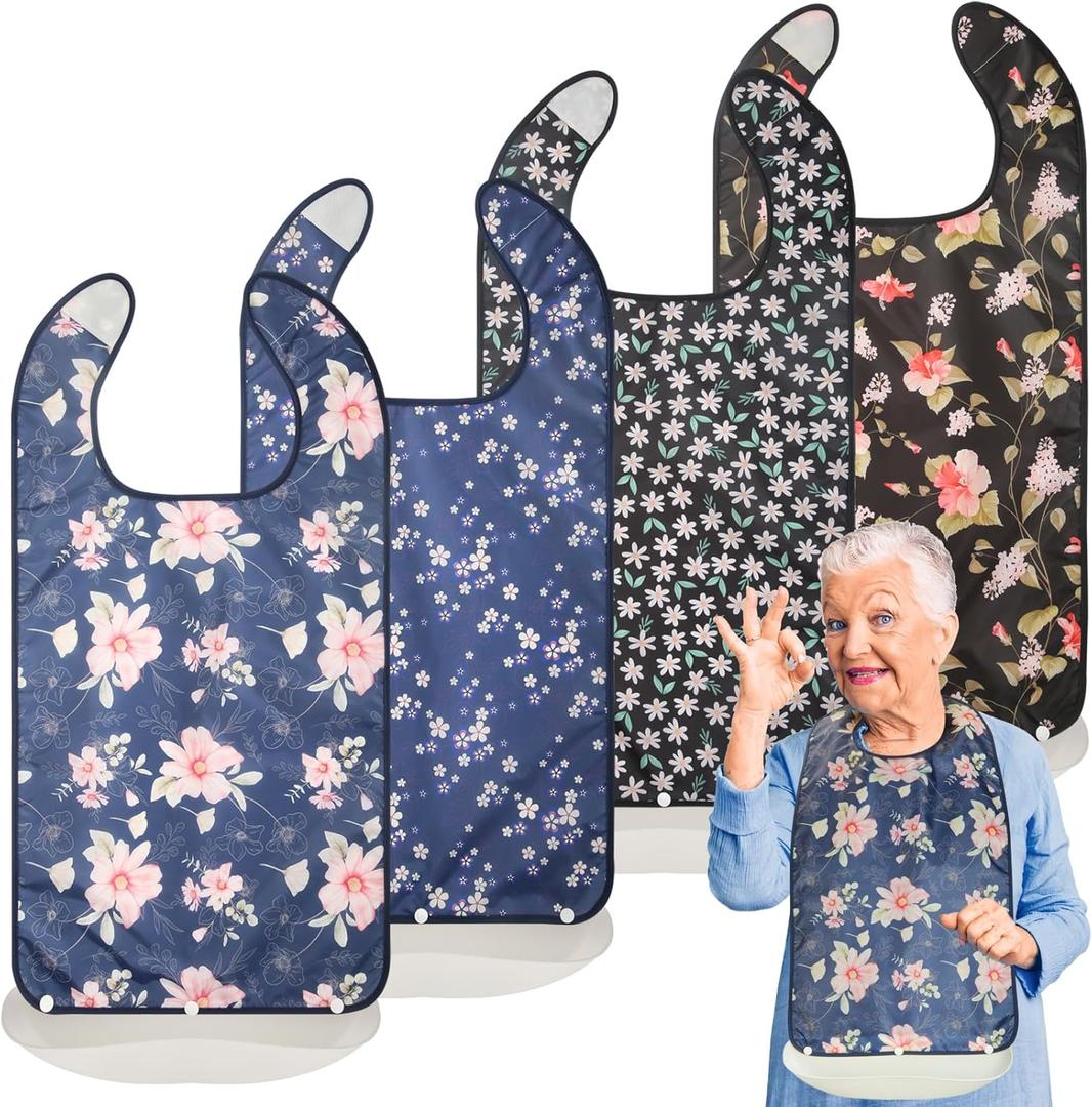 Bravace 4 Pack Adult Bibs for Eating Waterproof Clothing Protector with Detachable Crumb Catcher Adult Bibs for Women and Men (Colorful Big Flower)