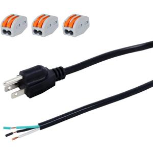 14 AWG 12 Feet AC Power Cord Pigtail 3-Wire Stripped End Heavy Duty 14 Gauge 3 Prong Open End SJT Power Supply AC Plug NEMA 5-15P, Replacement AC Wall Cable 15A, 1875W at 125VAC