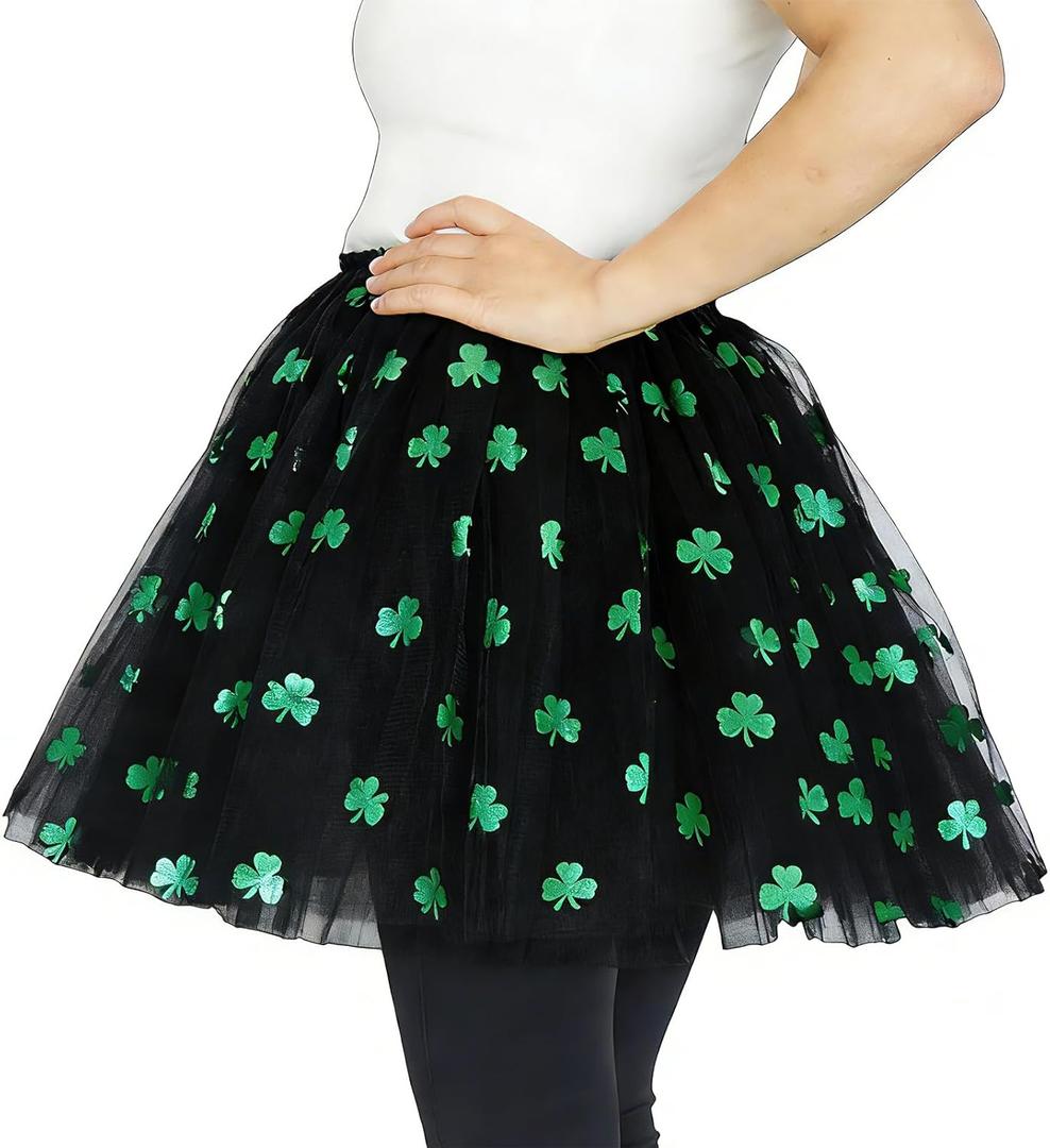 3 Layered Plus Size Tutu Adult Women Green Clover Tutu Skirt Teens Shamrock Irish Party St. Patrick's Day Tutu (Black) 3XL 