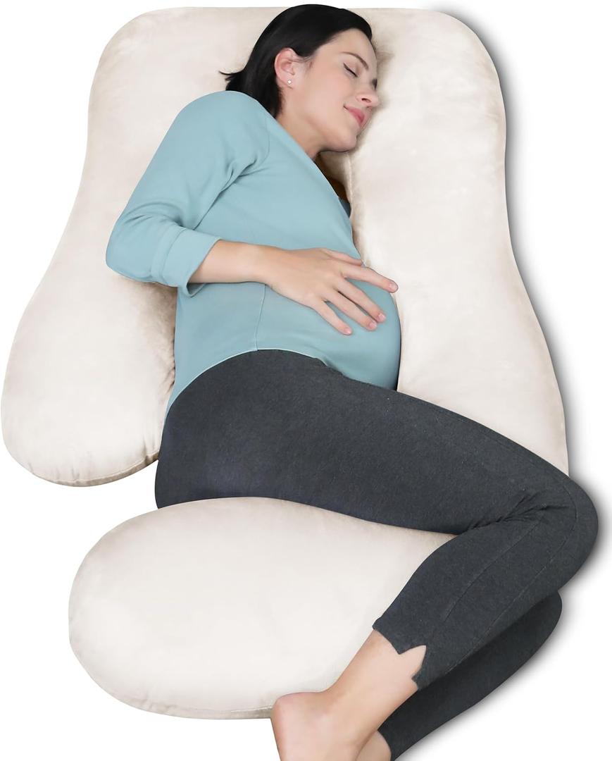 MOON PARK Pregnancy Pillows for Sleeping - U Shaped Full Body Maternity Pillow with Removable Cover - Support for Back, Legs, Belly, Hips - 57 Inch Pregnancy Pillow for Women - Ivory, Velvet Cover - 57 Inch
