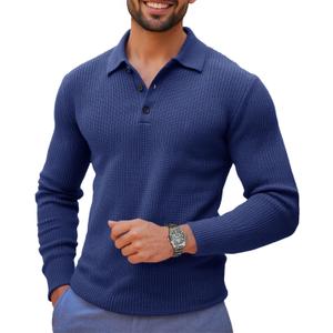 Runcati Mens Long Sleeve Polo Sweater Knit Polos V Neck Casual Dress Button Collared Pullover Sweaters (Large, Navy)