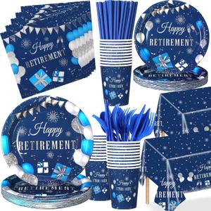 Funnymoom 452 Pcs Retirement Party Decorations Supplies Set Include Blue Silver Retirement Paper Plates Napkins Cups Tablecloth Cutlery Straws for Men Women Say Goodbye Party
