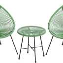 SONGMICS 3-Piece Outdoor Seating Acapulco Chair, Modern Patio Furniture Set, Glass Top Table and 2 Chairs, Indoor and Outdoor Conversation Bistro Set, Light Green UGGF011C01